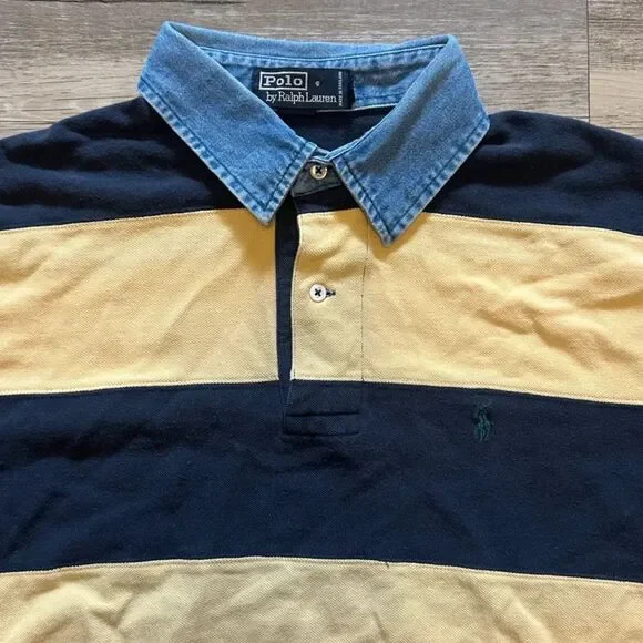 Vintage Polo Ralph Lauren Denim Collar Striped Rugby Polo Shirt Size Large - Picture 2 of 5